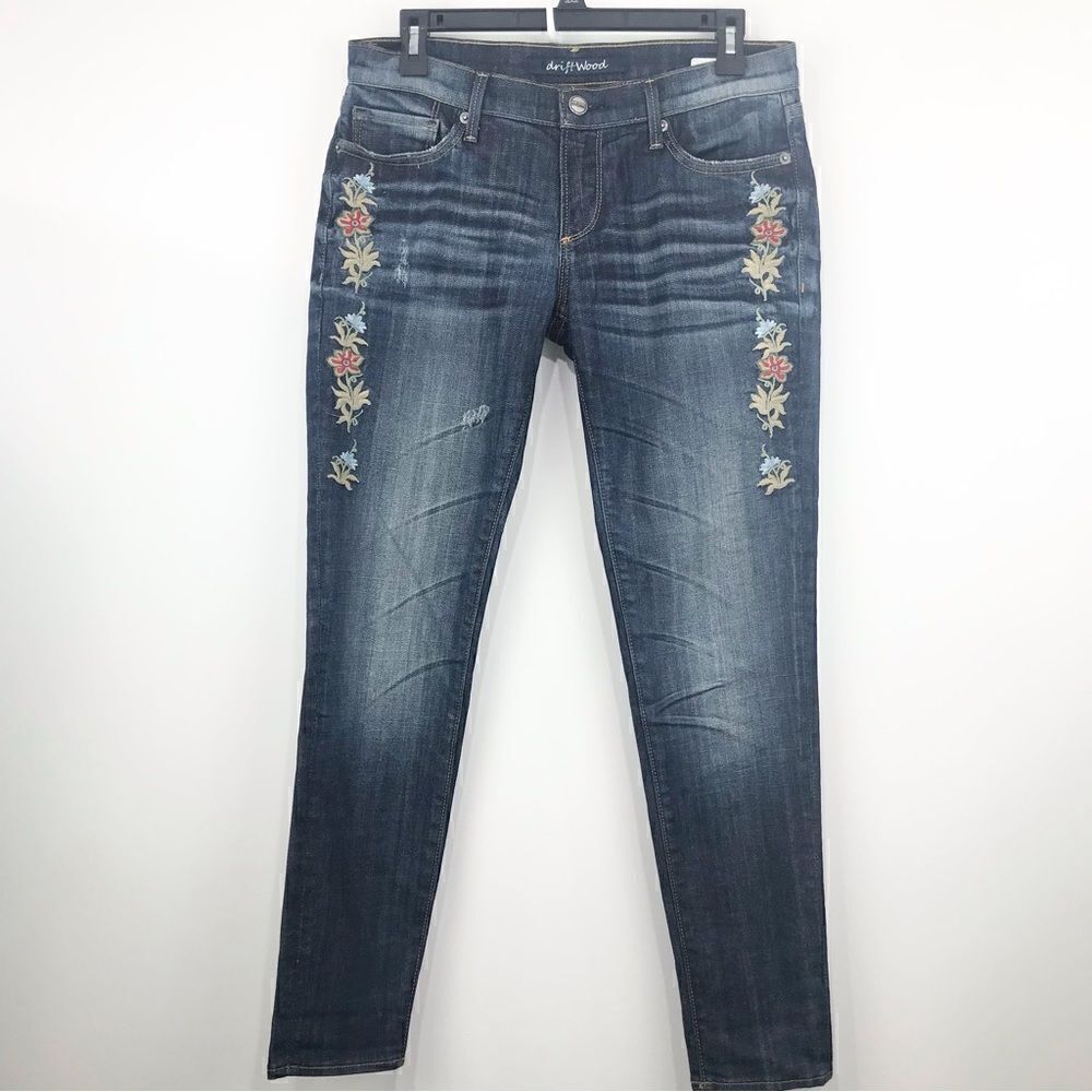 Anthropologie Driftwood Embroidered Floral Denim Skinny ankle Jeans
